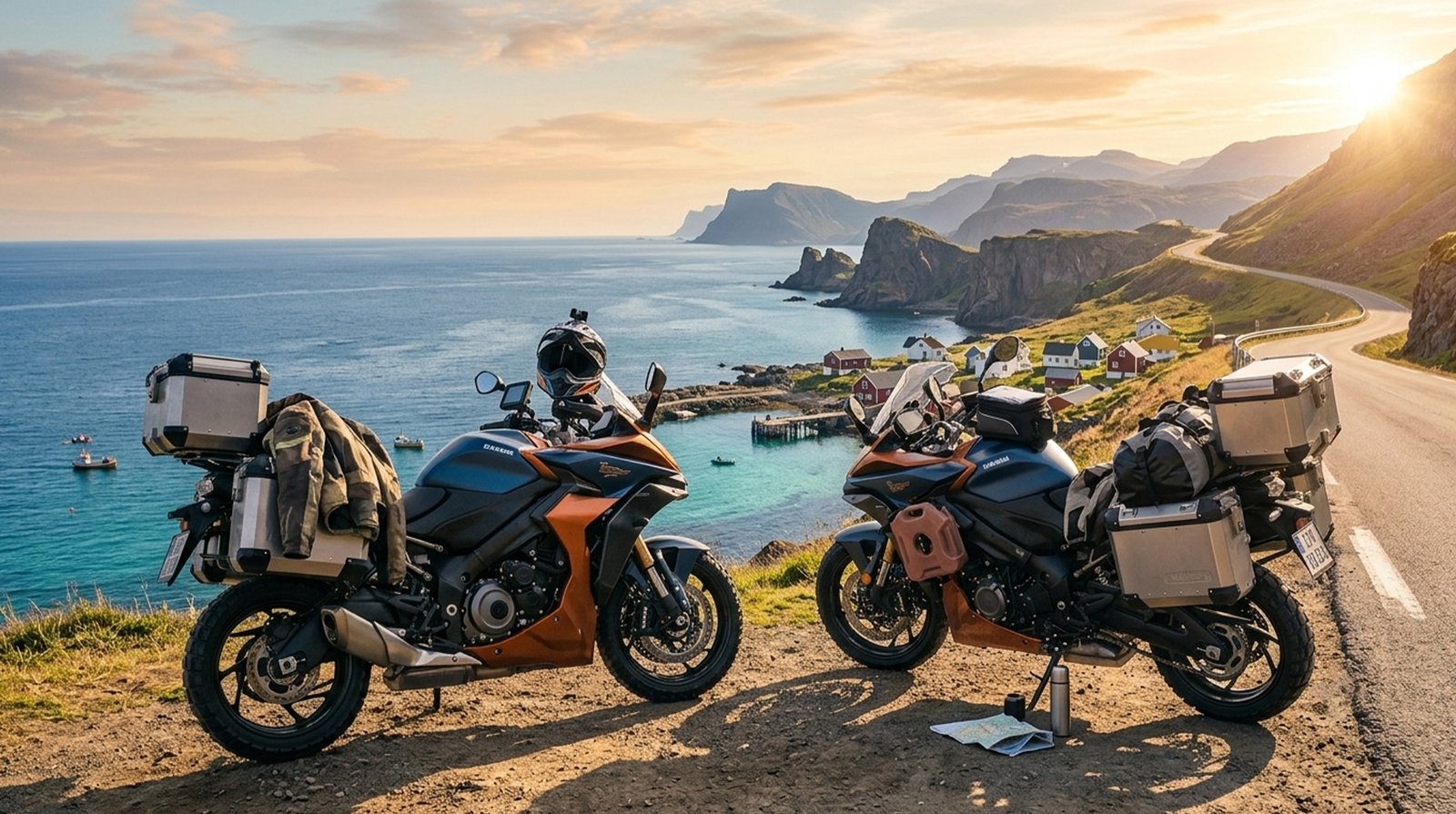Motorcycle on a scenic coastal road at sunset