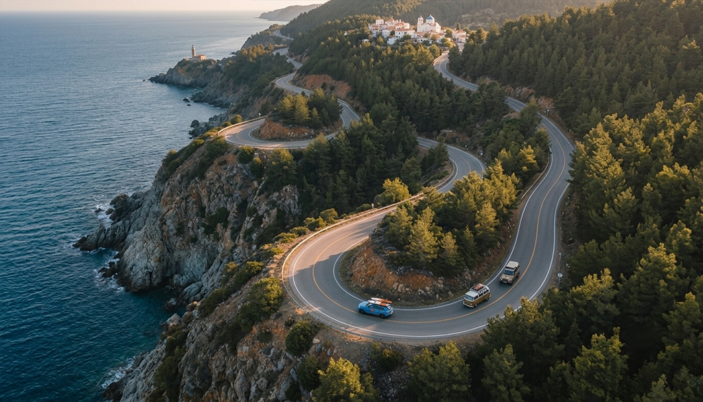SUV con tablas de surf en carretera costera